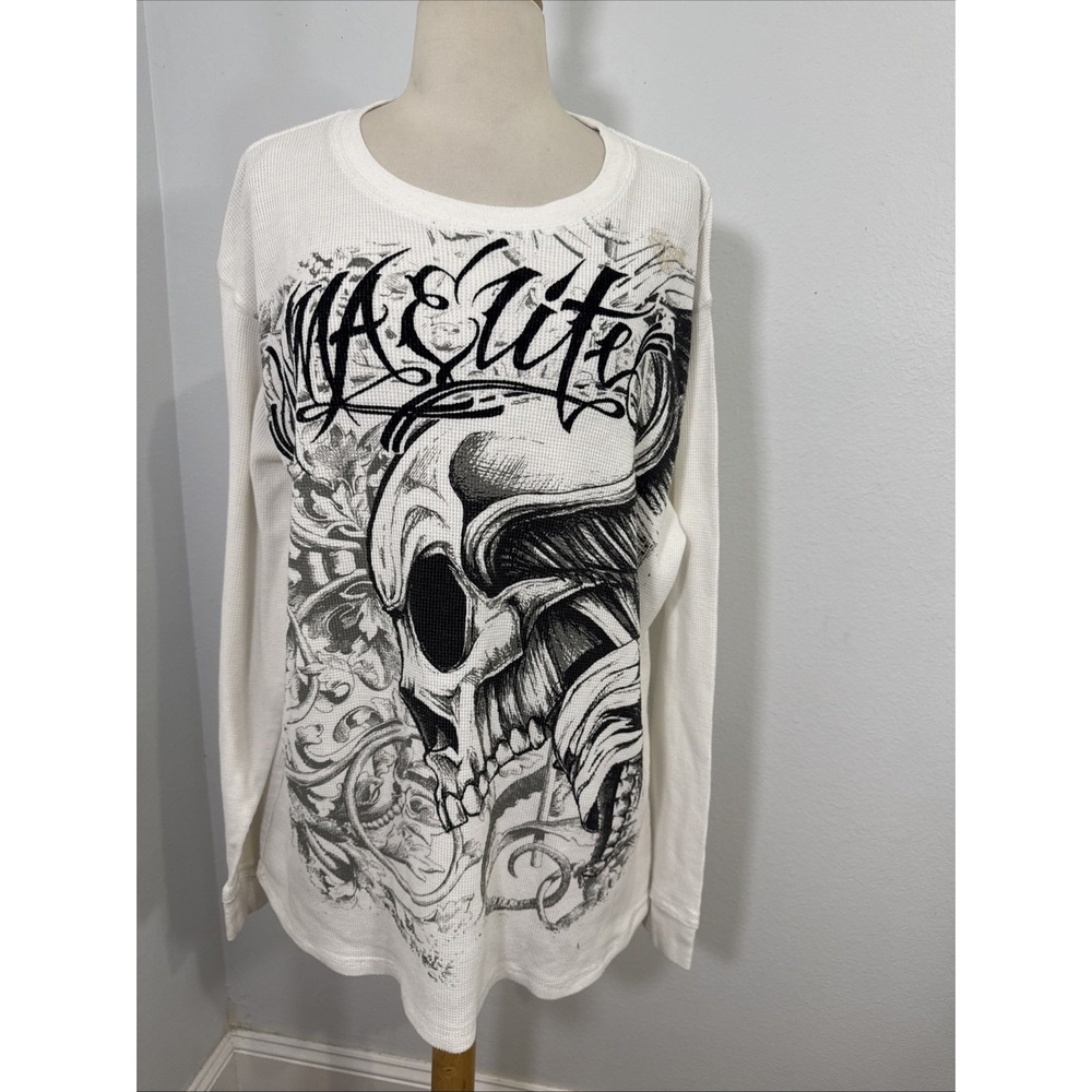 MMA Elite Thermal T Shirt Mens‎ L Waffle Skull Graphic Streetwear Grunge Y2K